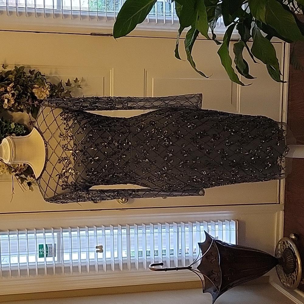 Adrianna Papell Gray Beaded Mesh Midi Dress